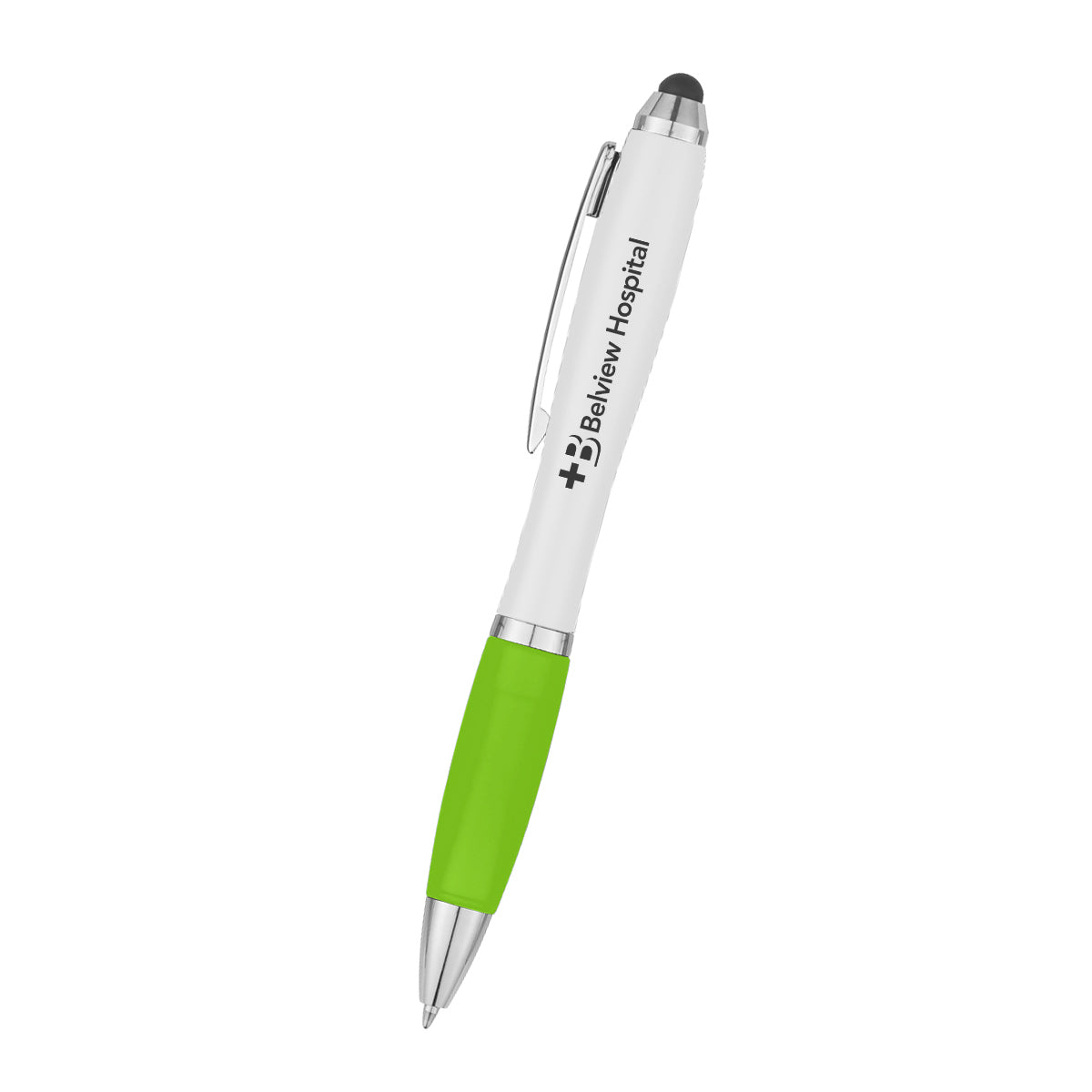 Twist Action Rubber Grip Antibacterial Pen. Perfect for Writing Comfort And Control of Stylus On Top. Antibacterial Additive Is Applied In The Production Cycle To Ensure Efficacy. COLORS AVAILABLE White with Black, Blue, Lime Green, Orange, Purple, Red or Yellow. 5 ½" H. Perfect for any business slowing the spread of Covid-19.