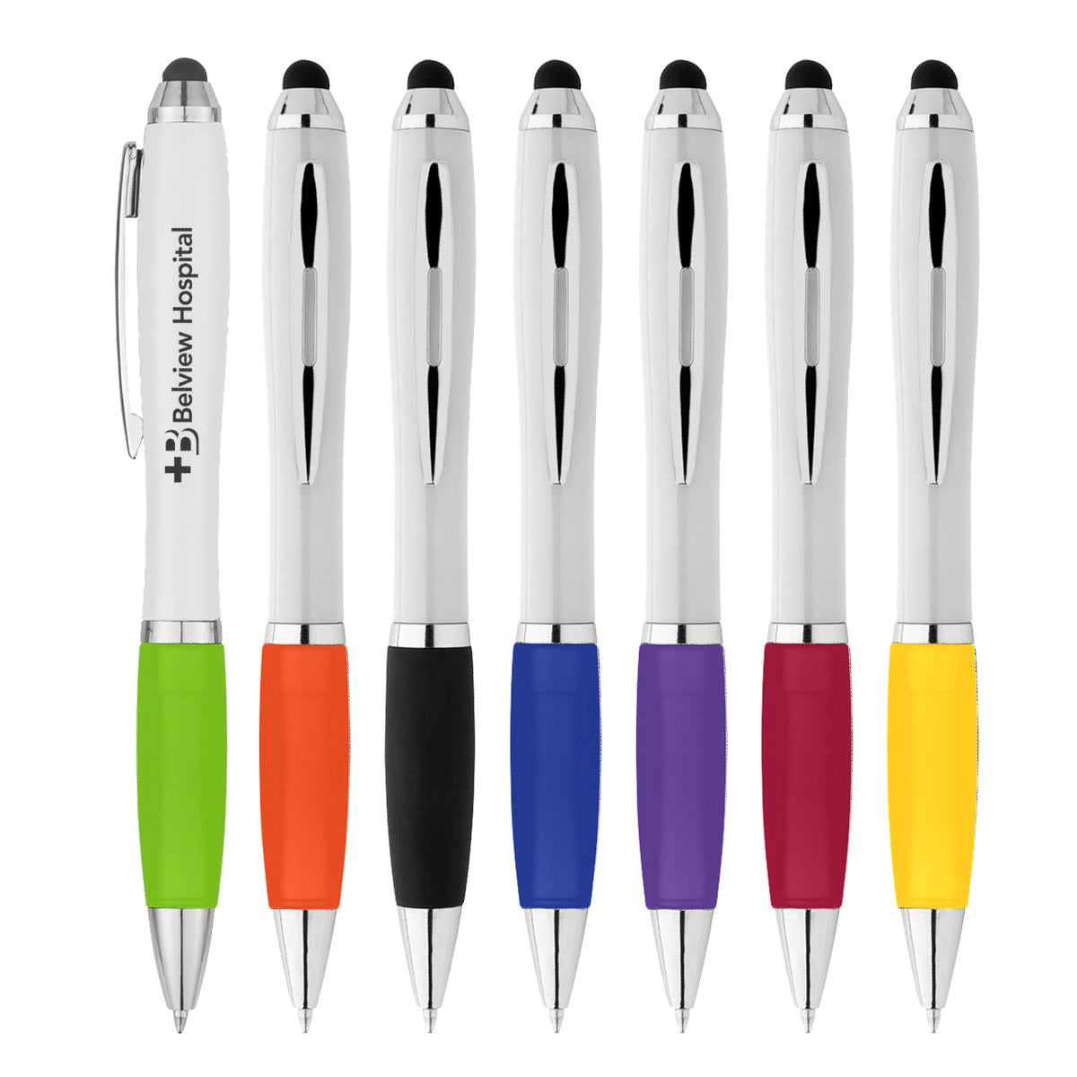 Twist Action Rubber Grip Antibacterial Pen. Perfect for Writing Comfort And Control of Stylus On Top. Antibacterial Additive Is Applied In The Production Cycle To Ensure Efficacy. COLORS AVAILABLE White with Black, Blue, Lime Green, Orange, Purple, Red or Yellow. 5 ½" H. Perfect for any business slowing the spread of Covid-19.