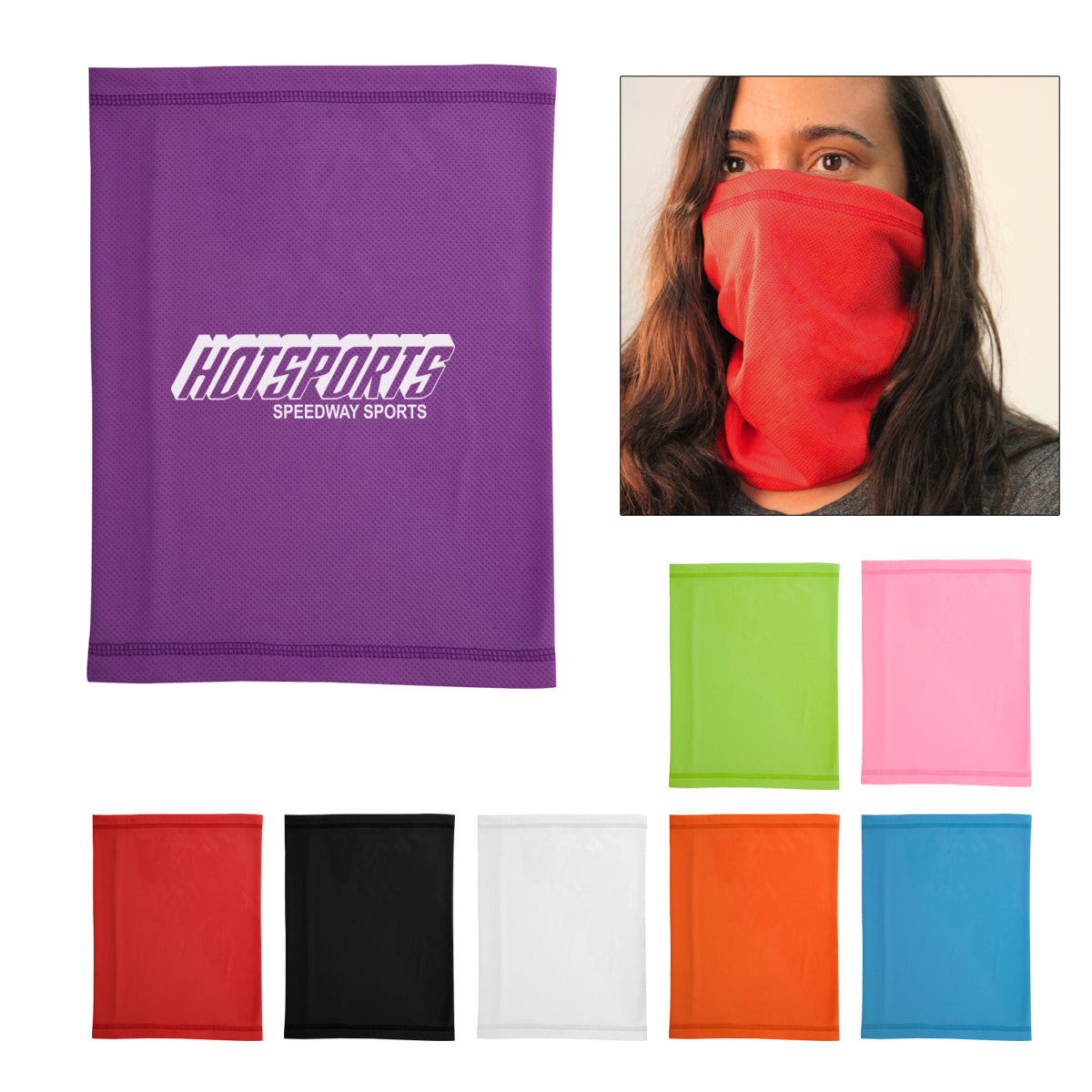 Multi-Functional Cooler Gaitor. Made Of Soft Polyester And Mica Material With Mesh-Like Construction. Quick-Absorbing And Quick-Drying. Can Be Worn As A Face Mask or Bandana. Reusable. COLORS AVAILABLE Black, Blue, Lime Green, Orange, Pink, Purple, Red, or White. 9 ½" W x 13" H. Perfect for any business slowing the spread of Covid-19.